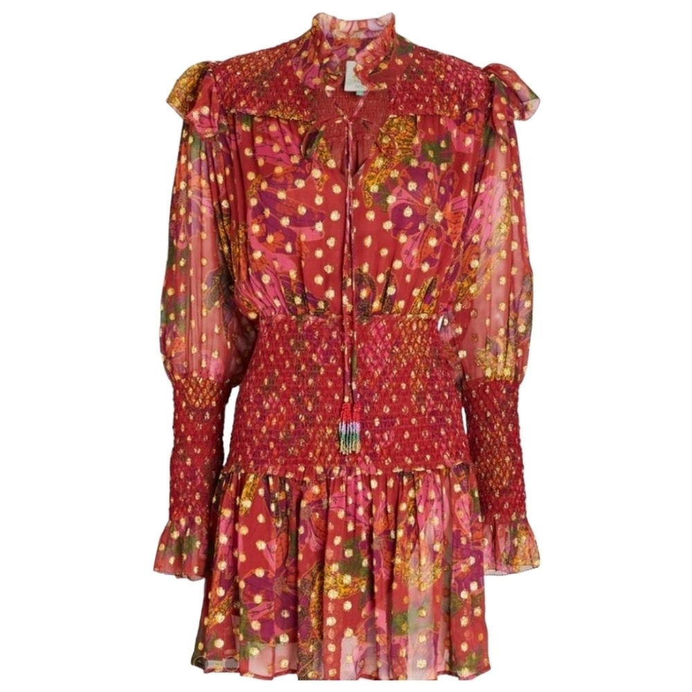 FARM Rio Maroon & Gold Banana Flowers Smocked Mini Dress - Size XL - Picture 7 of 13
